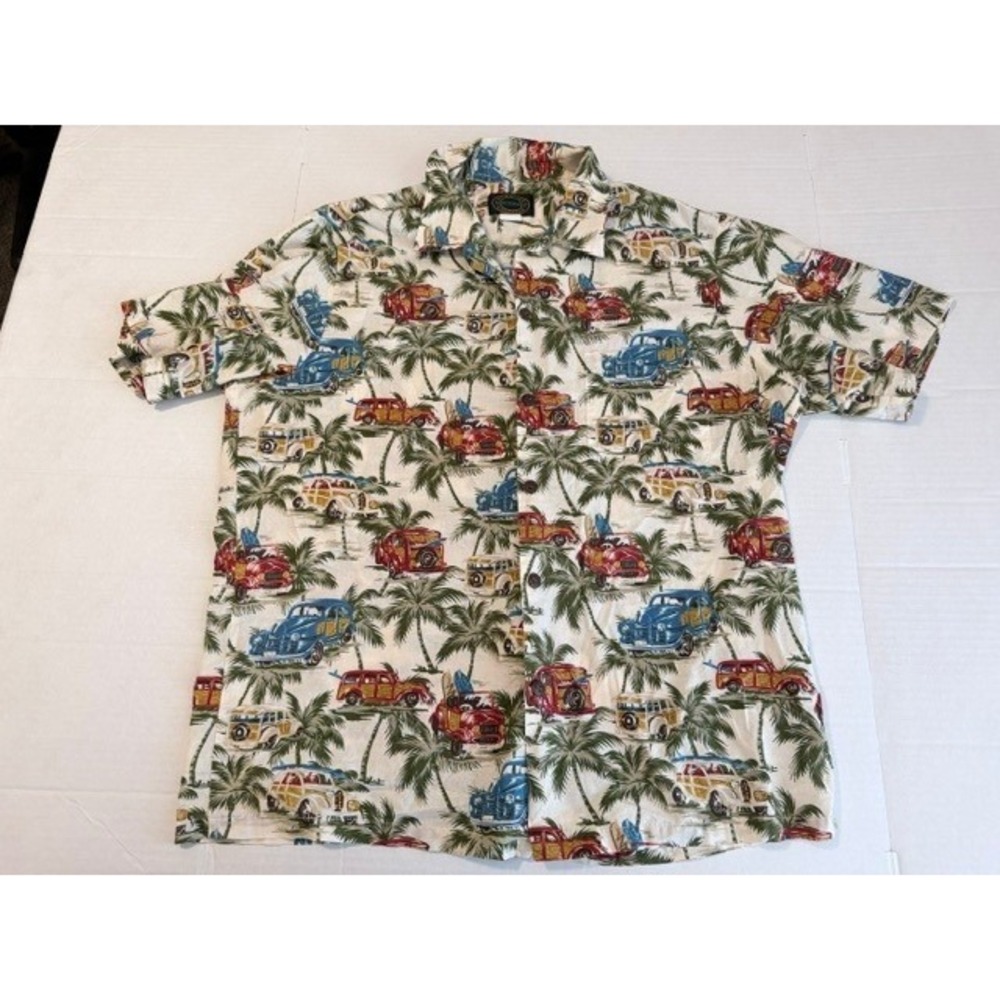 Hawaiian Reserve Collection Mens L Cotton Shirt Woody Car Palm Tree Made Hawaii